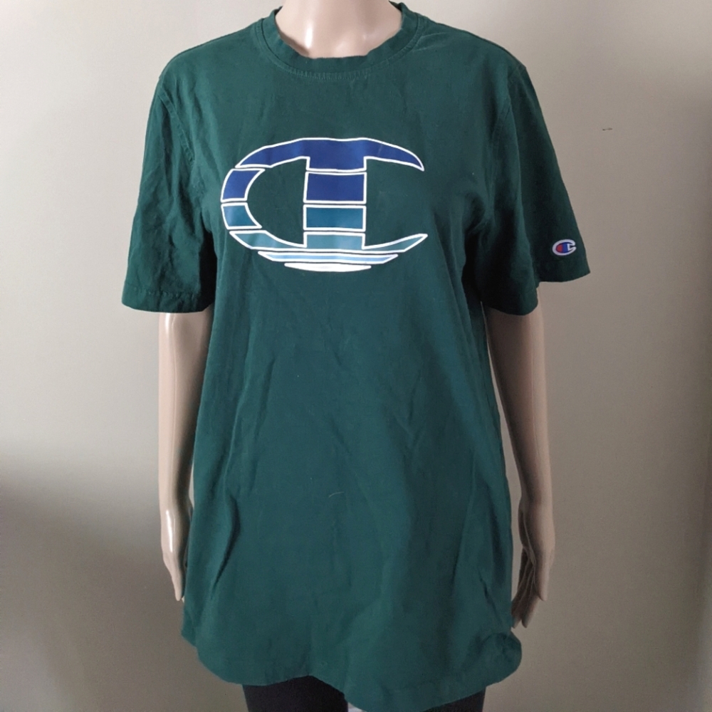 Champion big logo green tshirt, men's large